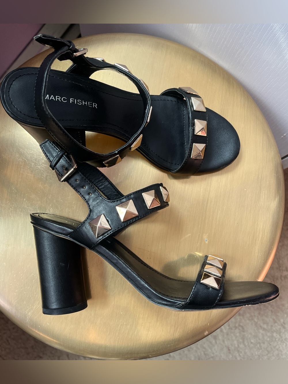 Marc Fisher Black and Gold Studded Heel Strap Sandals